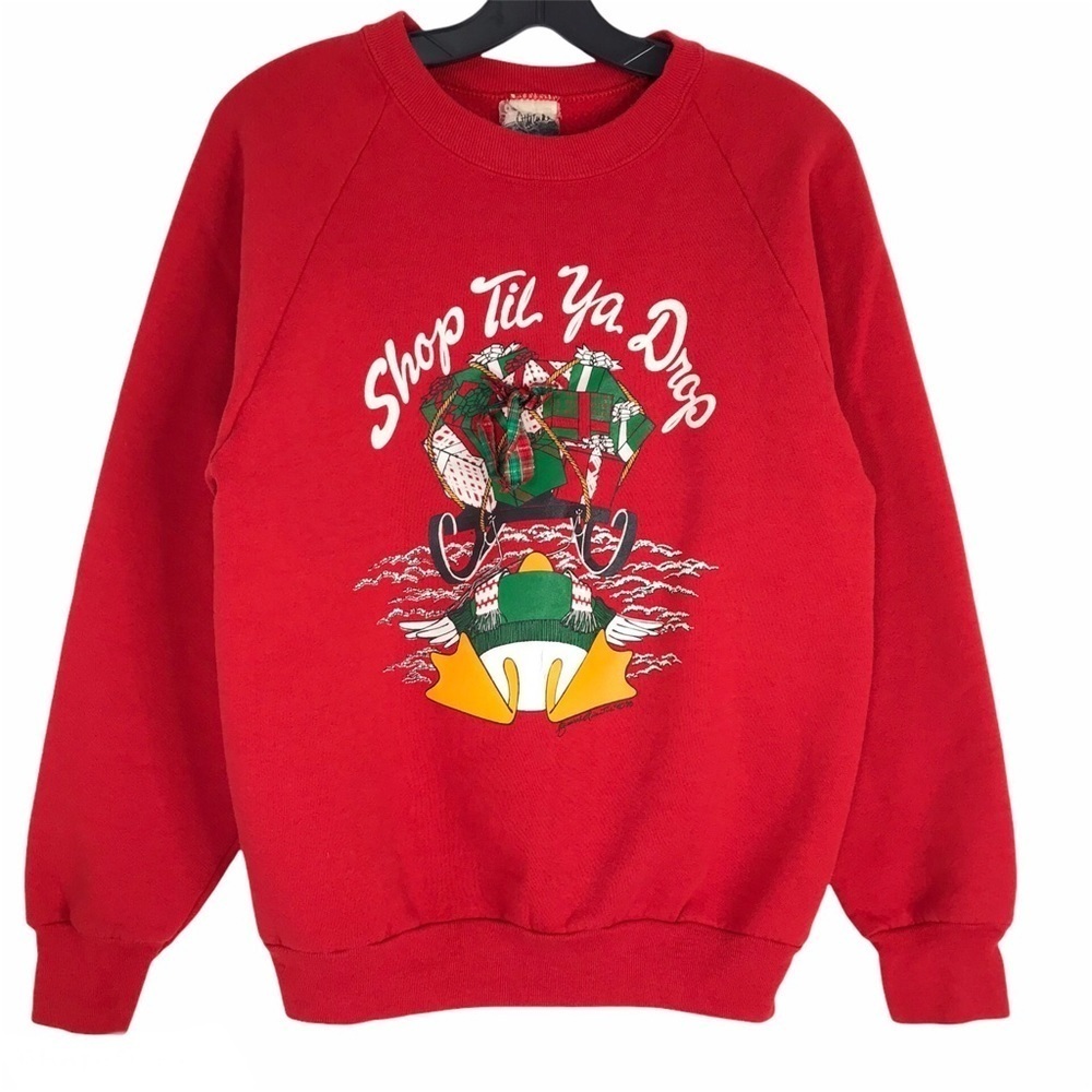 VTG 1988 Shop Til You Drop Holiday Sweatshirt Duck Sweater in Red Medium